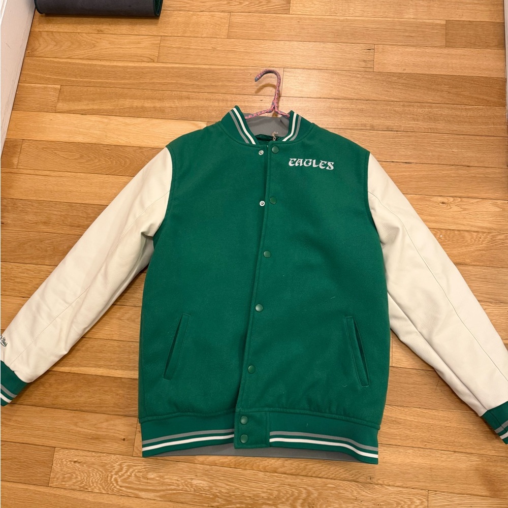Eagles Green and White Varsity Jacket by Mitchell and Ness
